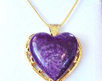 20&quot; Rare  Gold Plated Sugilite Heart Necklace  JH03