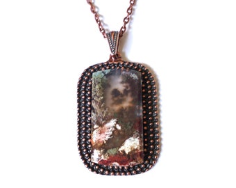 20" Amazing  Moss Agate Cabocbon on Copper Setting and Chain MA0245