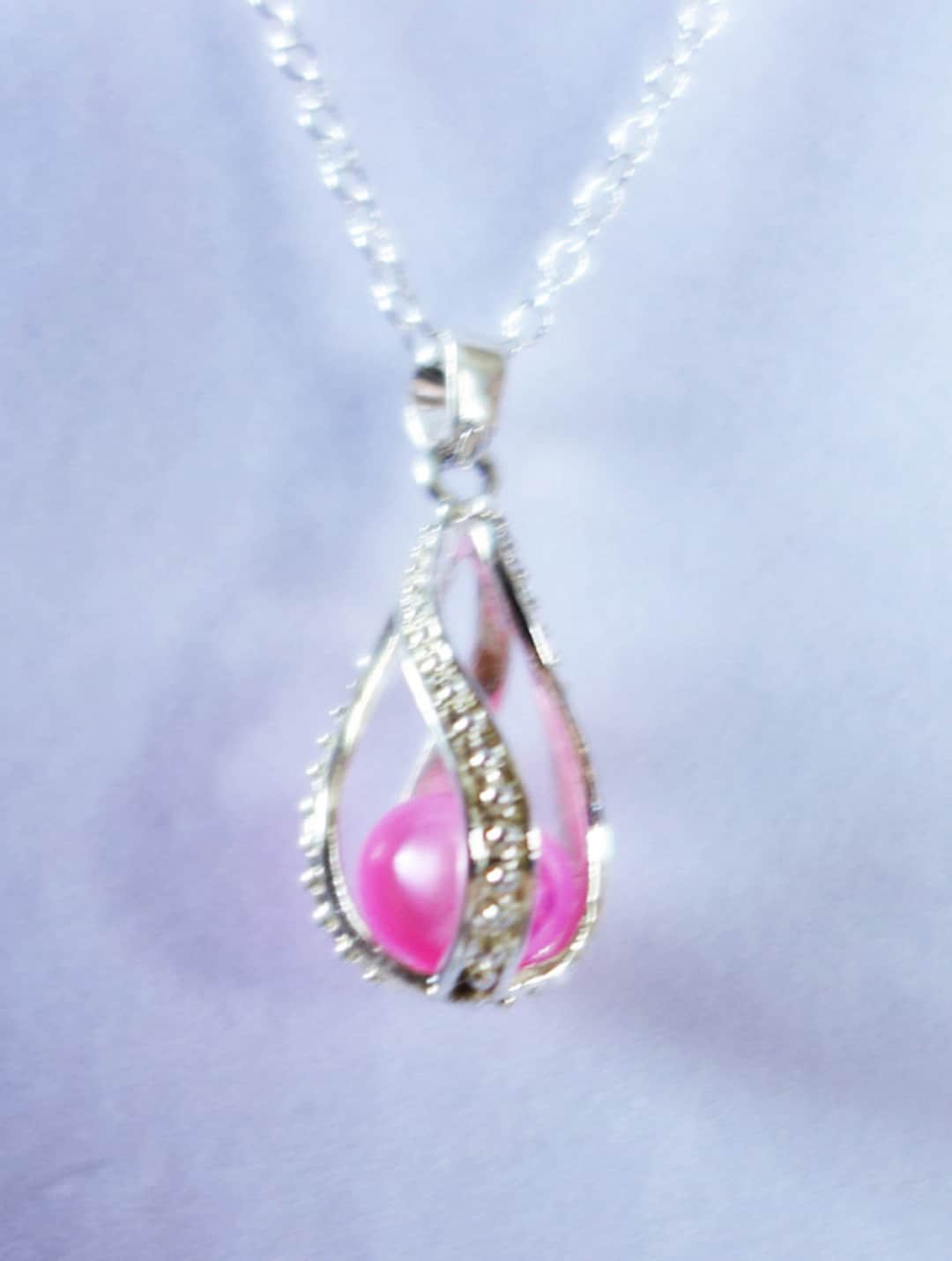 Pink Pearl Necklace in Sterling Silver Cage and a Sterling 20