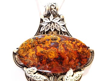 22" Beautiful  Hungarian Agate Cabochon on Sterling Silver Plated Seting and Chain Cubic Zirconia 97