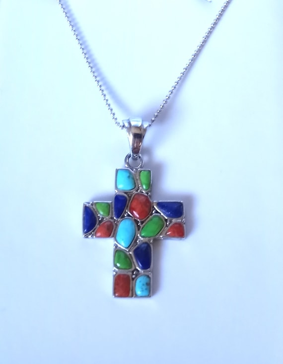 28" 925 Sterling Silver Cross with Turquoie and m… - image 1