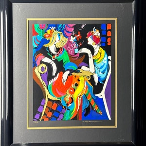 May include: A colorful abstract painting of two figures in a seated conversation. The figures are dressed in vibrant colors and surrounded by swirling lines and shapes. The painting is set against a dark background and features a variety of colors, including red, yellow, blue, green, and purple.