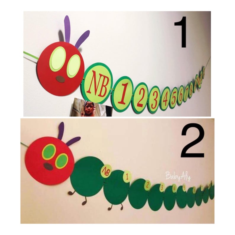 May include: A red and green felt caterpillar banner with the letters "NB" and numbers 1 through 8. The banner is strung on a white string and is hanging on a white wall. The banner is a great way to celebrate a baby's first year.