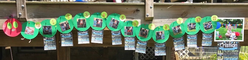 May include: A green and red paper caterpillar banner with numbers 1 through 11 on each segment. The banner is decorated with photos of a baby boy. The banner is hanging on a wooden surface. The text "Cristian" is visible on a sign below the banner.