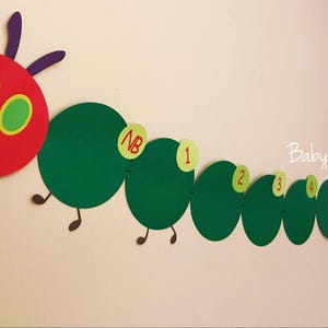 May include: A red and green felt caterpillar banner with the words "Baby Aly" and numbers 1 through 9. The caterpillar has a red head with two large green eyes and a small black nose.