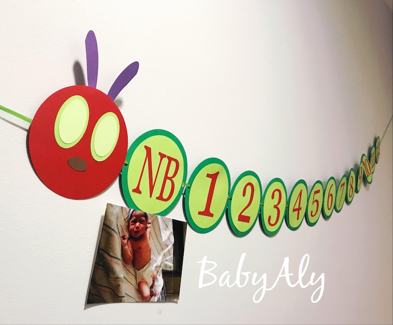 May include: A red and green felt banner with a caterpillar design. The banner has a red head with two large green eyes and a brown nose. The banner also has green circles with the letters "NB" and the numbers 1 through 8 in red. The banner says "Baby Aly" at the bottom.