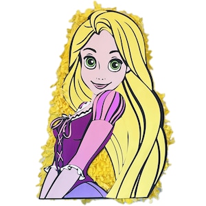May include: A yellow and purple pinata shaped like a cartoon princess with long blonde hair. The pinata has a purple dress with a pink bodice and a yellow bow. The princess has a smiling face with green eyes.