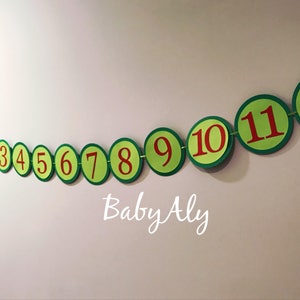 May include: A green and red felt banner with the numbers 1 through 12 in red circles. The banner is shaped like a caterpillar and has a red head with a face. The text "Baby Aly" is written below the banner.