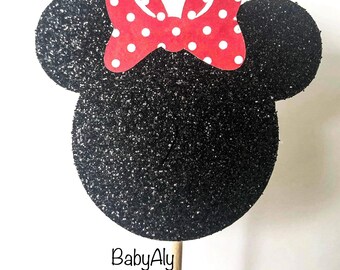 ブラックミニーマウスカップケーキトッパー、ブラックとレッドのミニーマウスカップケーキトッパー12個セット、ミニーマウスパーティー