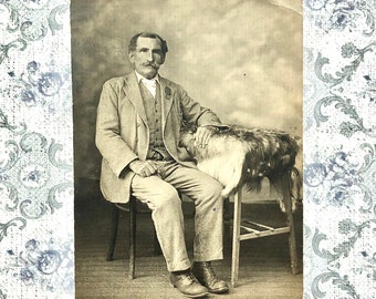 c1900s Lot of 2 Antique Tinted Portrait Photographs of Man /& Woman Mustache Bonnet Matted