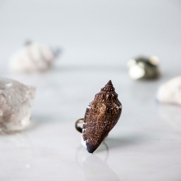 Coming Ashore Chocolate Brown Seashell Ring, Magical Mermaid Talisman Ring, Nature Inspired Nautical Jewelry, Rustic Boho Gypsy Ring  RSF026