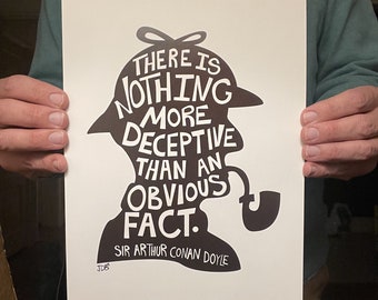 Ilustración de arte de silueta misteriosa con cita de Sherlock Holmes y Conan Doyle para decoración de pared
