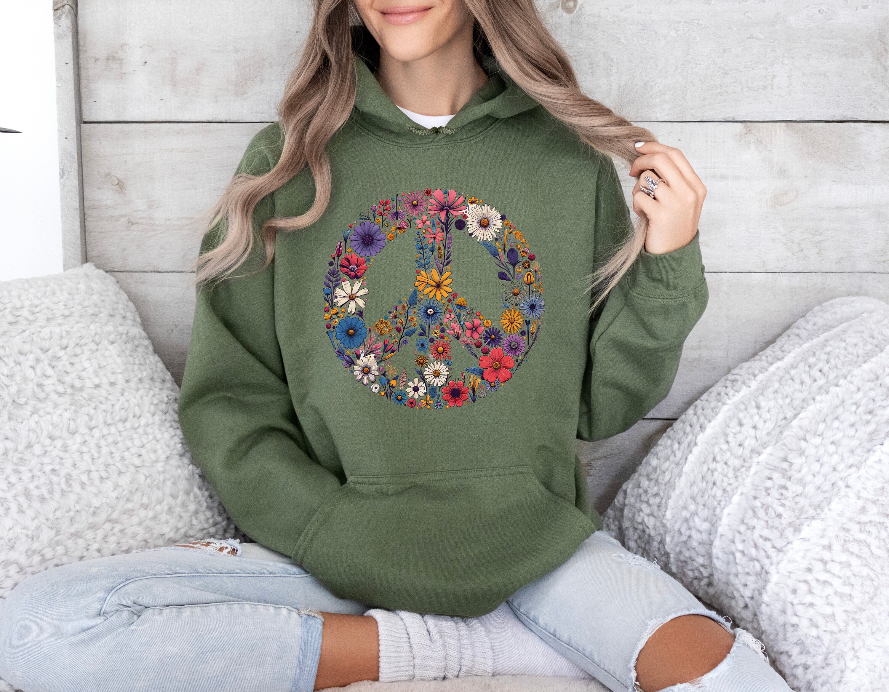 Wildblumen Friedenszeichen Hoodie, Blumen Boho Kapuzen Sweatshirt, Hippie Earth Day Shirt