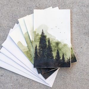 Carte ad acquerello Dipinte a mano Originali non copie Biglietti di auguri Foresta Verde Set di quattro