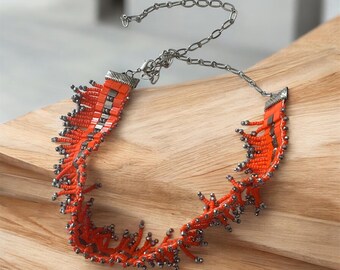 Orange Beaded Statement Necklace, Handmade Boho Fringe Necklace, Artistic Beadwork Jewelry, Bold Contemporary Necklace, Gift for Her