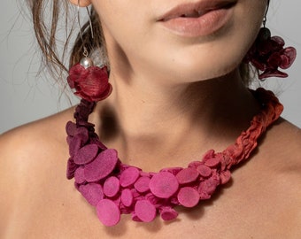 Bohemian Wedding Jewelry, Bridal Pink Jewelry Set, Fabric Bib Necklace, Pink Statement Necklace, Avant Garde Necklace, Fabric Earrings Woman