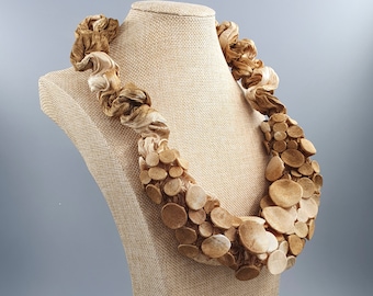 Golden Necklace, Large Necklace, Unique Necklace, Fabric Necklace, Bib Necklace, Long Necklace, Statement Necklace, Chunky Necklace