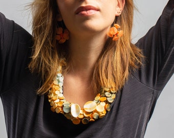 Orange Jewelry Set, Bohemian Jewelry Set, Avant Garde Necklace, Fabric Necklace, Funky Earrings, Chunky  Earrings, Unique Statement Earrings