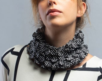 Black and White Necklace, Infinity Scarf, Textile Necklace, Wearable Art Scarf, Statement Fabric Necklace, Shibori Scarf, Mom Unique Gift