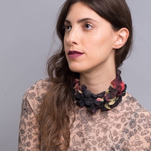 Statement necklace, mini infinity scarf, black fabric necklace, black and red chiffon scarf, fabric jewelry, shibori scarf, gift for her