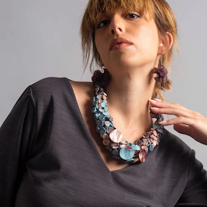 Bohemian Jewelry Set, Colorful Bib Necklace, Unique Statement Necklace, Avant Garde Necklace, Purple Statement Earrings, Unusual Earrings