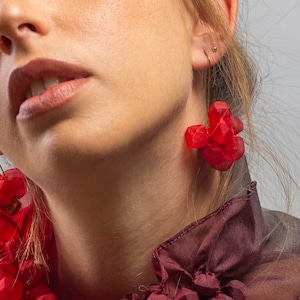 Red Statement Earrings, Fabric Earrings, Avant Garde Earrings, Fabric Jewelry, Avant Garde Jewelry, Long Red Earrings, Red Chandeliers