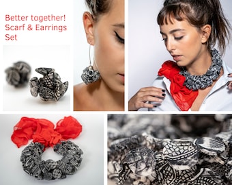 Necklace Earrings Set, Bohemian Jewelry Set, Fabric Bib Necklace, Statement Bib Necklace, Chunky Necklace for Woman, Fabric Earrings, Modern