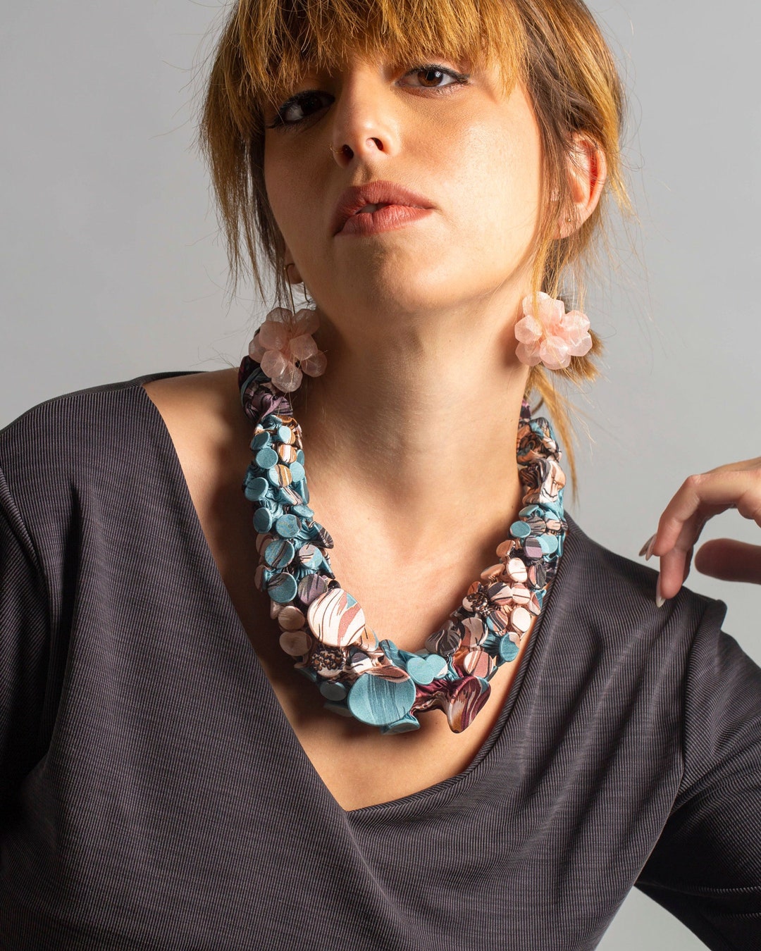 Unique Jewelry Set with Bib Necklace and Statement Earrings