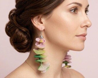 Pink Dangle Earrings, Pink Drop Earrings, Extravagant Earrings, Textile Earrings, Fabric Statement Earrings, Handmade Artisan Earrings
