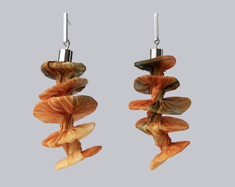 Long Orange Earrings, Extravagant Earrings, Textile Earrings, Fabric Statement Earrings, Orange Drop Earrings, Handmade Artisan Earrings
