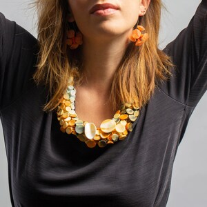 Orange Necklace, Textile Jewelry, Unique Bib Necklace, Orange Necklace, Long Necklace, Handmade Textile Jewlery, Unique Statement Necklace