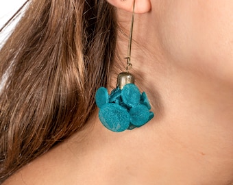Shibori Turquoise Organza Flower Earrings, Textile Jewelry, Unusual Statement Earrings, Avant Garde Earrings, Handmade Flower Earrings