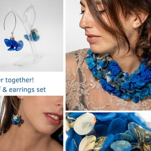 Fabric Jewelry Set, Avant Garde Jewelry, Blue Statement Necklace, Textile Necklace, Unique Blue Earrings, Chunky Earrings, Fabric Earrings