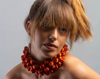 Oversized Necklace, Orange Choker, Maximalist Fall Accessories, Fabric Necklace, Textile Necklace, Fabric Jewelry, Handmade Fabric Necklace