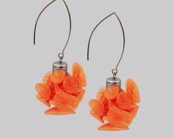 Handmade Statement Earrings, Chunky Orange Earrings, Boho Style Jewelry, Funky Earrings, Orange Fabric Earrings, Fabric Jewelry, 3D Earrings