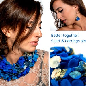 Necklace Earrings Jewelry Set, Infinity Scarf, Blue Statement Necklace, Fabric Necklace, Unique Scarf, Fabric Earrings, Chunky Blue Earrings
