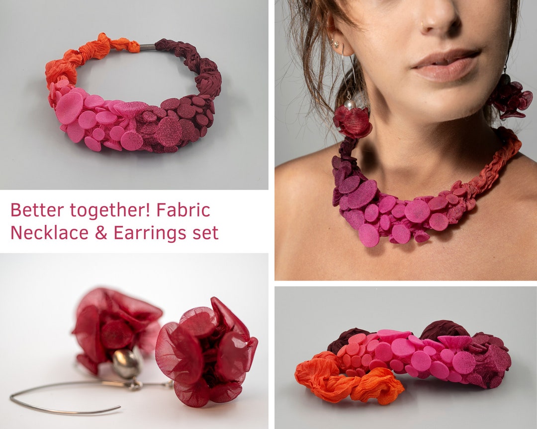 Pink Jewelry Set Fabric Jewelry Set Unique Necklace Bib Etsy