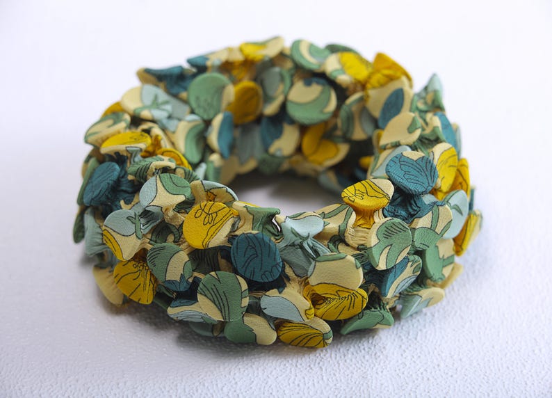 Infinity Scarf, Cowl Scarf, Fabric Jewelry, Avant Garde Jewelry, Green Yellow Scarf, Floral Statement Necklace, Chunky Necklace, Art Scarf zdjęcie 1