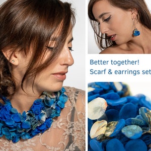 Fabric Jewelry Set, Infinity Scarf, Blue Statement Necklace, Fabric Necklace, Unique Scarf, Fabric Earrings, Funky Earrings, Chunky Earrings