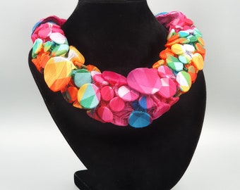Shibori Necklace, Textile Jewelry, Colorful Necklace, Fabric Necklace, Bib Necklace, Multi Color Necklace for Woman, Unique Jewelry Gift