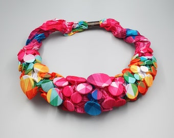 Pink Bib Necklace, Unique Fabric Necklace, Handmade Fabric Jewelry, Avant Garde Necklace,Colorful Pink Necklace, Bold Statement Bib Necklace