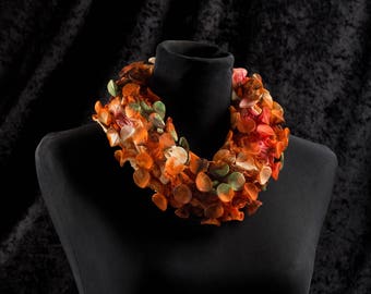 Orange Scarf, Orange wearable art, Floral collar scarf, chiffon scarf, orange collar scarf, Shibori scarf, Fashion Fabric Scarf,  boho gift