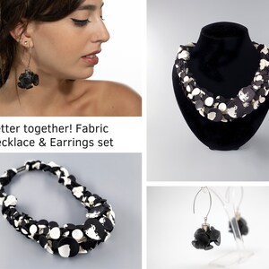 Avant Garde Jewelry Set, Fabric Jewelry, Statement Bib Necklace, Black White Necklace, Chunky Necklace, Funky Earrings, Fabric Earrings