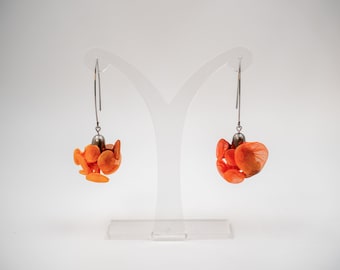 Orange Dangle Earrings, Unique Statement Earrings, Fabric Earrings, Dainty Earrings, Long Drop Earrings, Flower Earrings, Textile Jewelry
