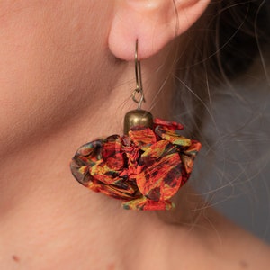 Bold Orange Earrings, Unique Textile Jewelry, Long Dangle Earrings, Orange Statement Earrings, Fabric Statement Earrings,Unique Jewelry Gift