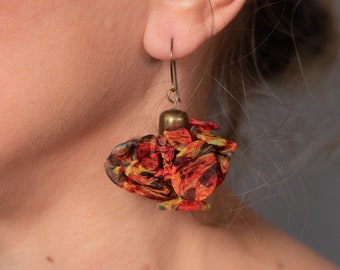 Statement Earrings, Unique Statement Jewelry, Statement Dangle Earrings, Orange Statement Earrings, Fabric Statement Earrings, Fashion Gift