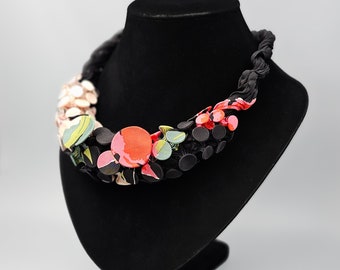 Black Pink Necklace, Bib Necklace, Fabric Bib Necklace, Textile Statement Jewelry, Avant Garde Necklace, Bohemian Necklace, Chunky Necklace