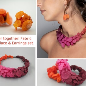 Unique Jewelry Set, Fabric Jewelry Set, Choker Necklace, Unique Necklace, Pink Necklace, Orange Earrings, Unique Earrings, Long Earrings
