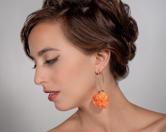 Orange Statement Earrings, Chunky Orange Earrings, Avant Garde Earrings, Funky Earrings, Orange Fabric Earrings, Fabric Jewelry, 3D Earrings