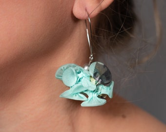 Boucles d'oreilles en tissu bleu menthe, Boucles d'oreilles extravagantes, Grosses boucles d'oreilles en tissu, Bijoux en textile, Boucles d'oreilles pendantes bleu menthe, Boucles d'oreilles audacieuses